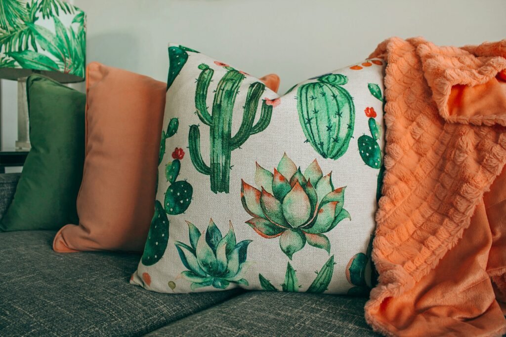 How to divide a studio apartment: colorful cushions and throws color-blocking one zone