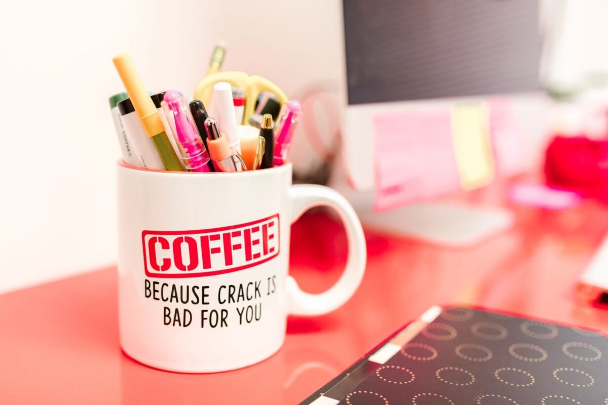 things to declutter small home fast – mug full of pens and pencils on a desk