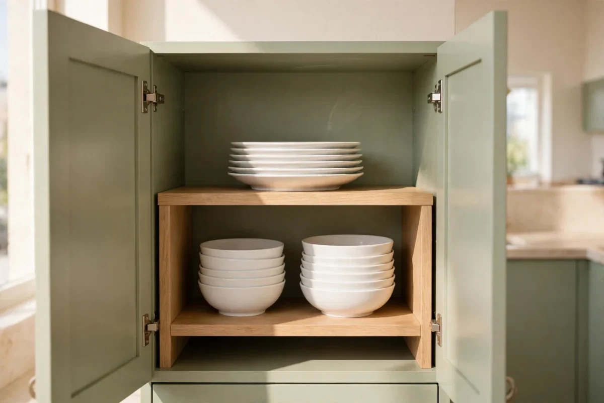 small kitchen storage ideas – shelf risers doubling cabinet space