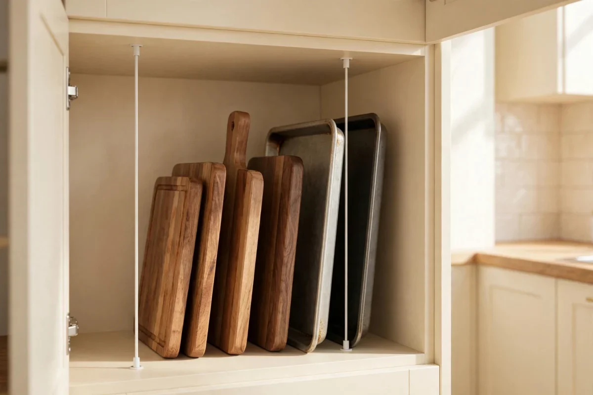 small kitchen storage ideas – tension rods as cabinet dividers