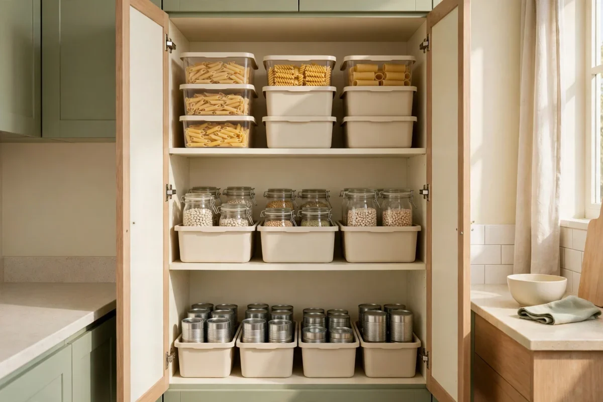 small kitchen storage ideas – stackable bins zoning deep cabinets