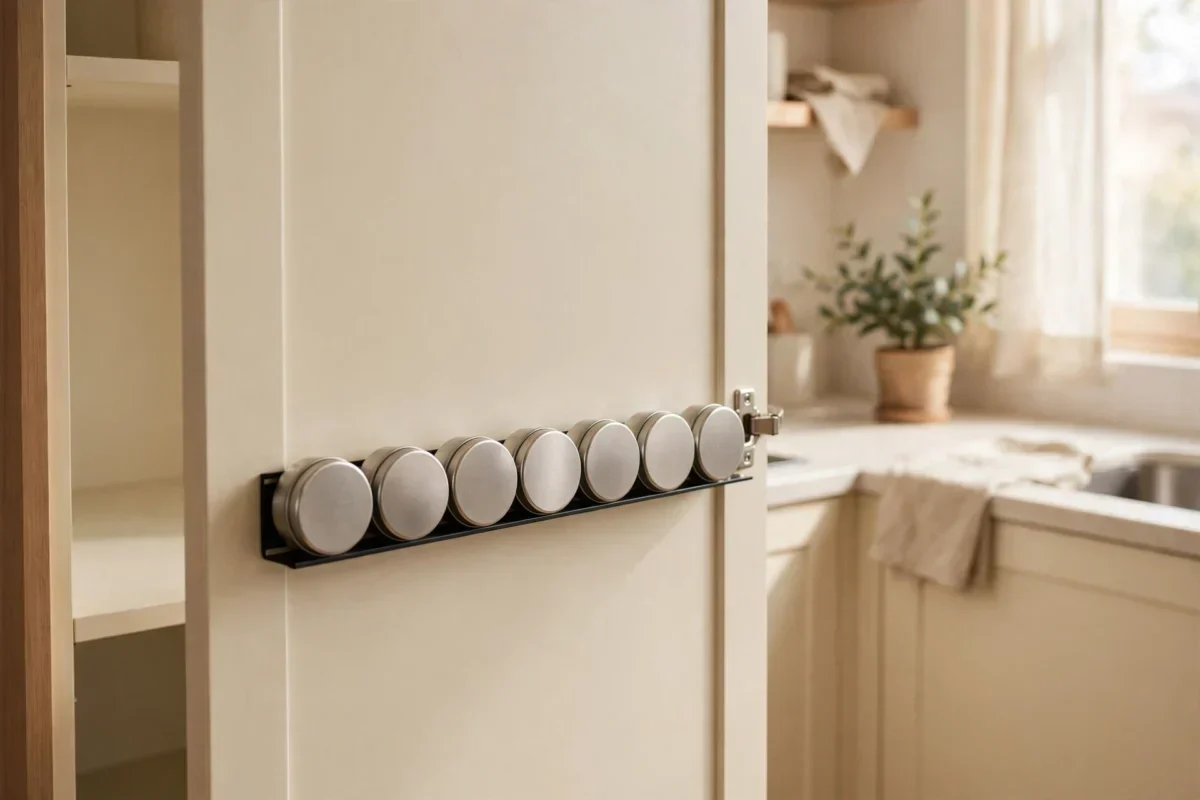 small kitchen storage ideas – magnetic strip inside a cabinet door