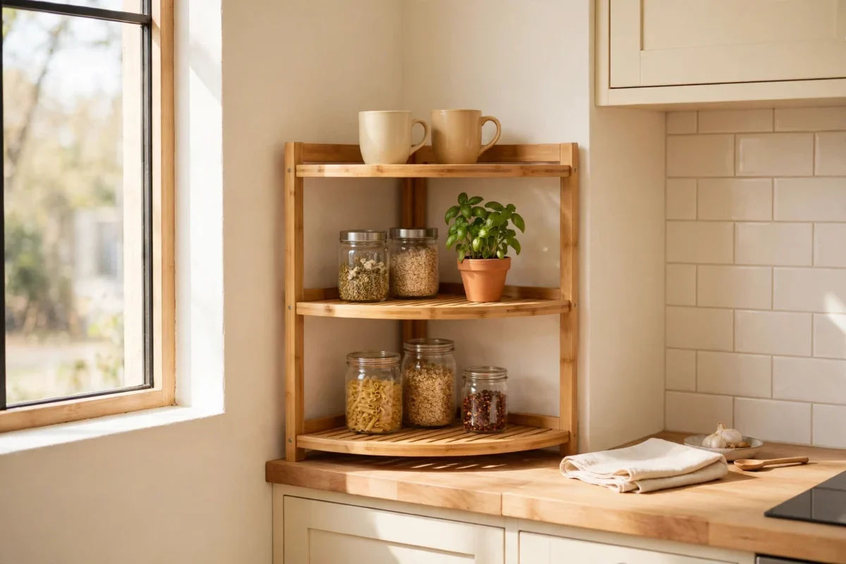 small kitchen storage ideas – tiered corner shelf on the counter