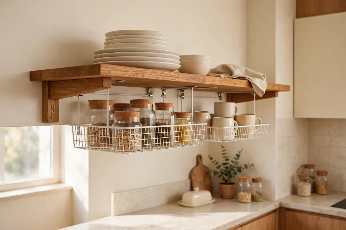 small kitchen storage ideas – under-shelf baskets clipped onto open shelves