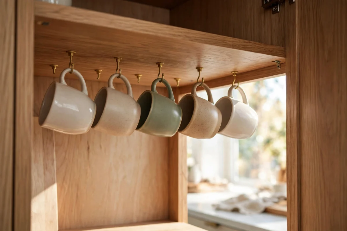 kitchen cabinet organization ideas – mugs hanging on hooks under a shelf in a cabinet