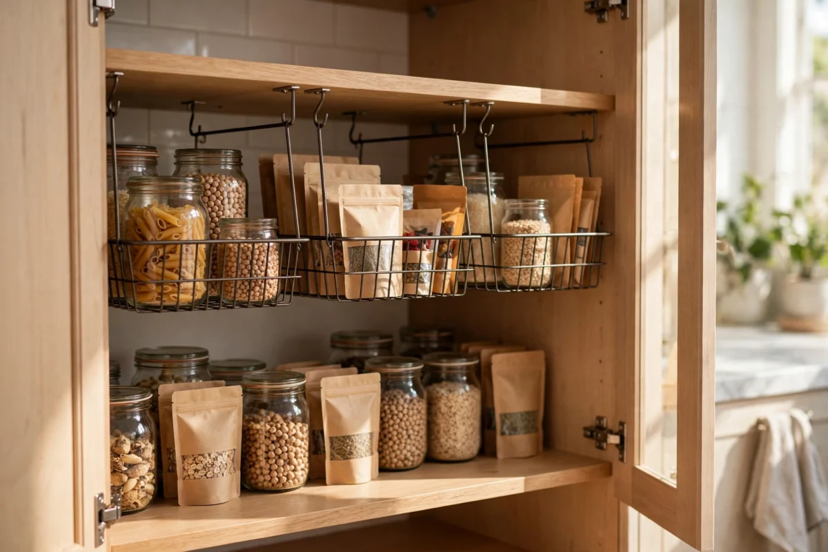 kitchen cabinet organization ideas – under-shelf baskets creating extra shelves in a cabinet