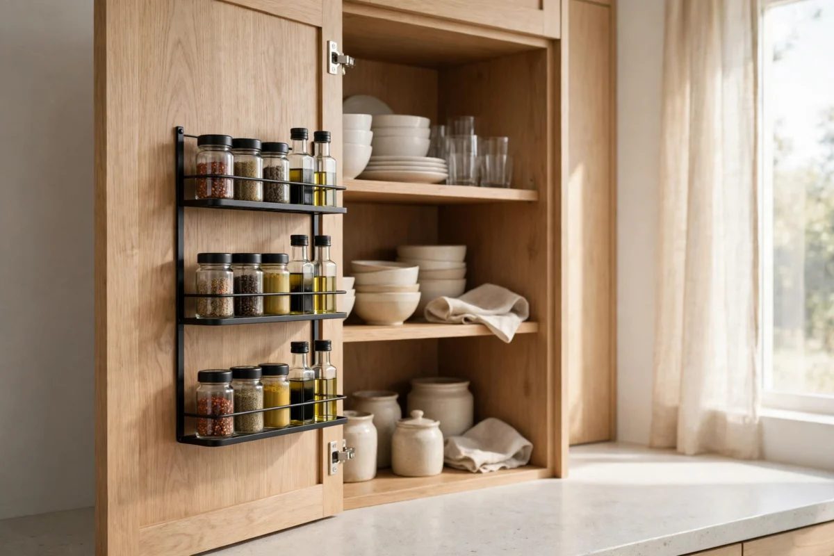 kitchen cabinet organization ideas – a rack hanging inside a cabinet door holding jars and bottles