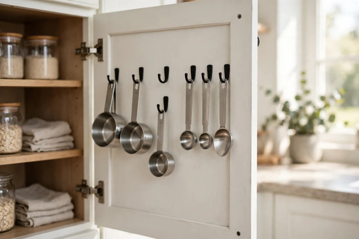 kitchen cabinet organization ideas – measuring cups and spoons hanging on hooks inside a cabinet door