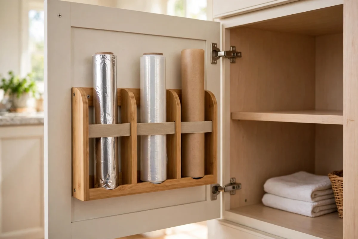kitchen cabinet organization ideas – a wrap and foil organizer mounted on a cabinet door