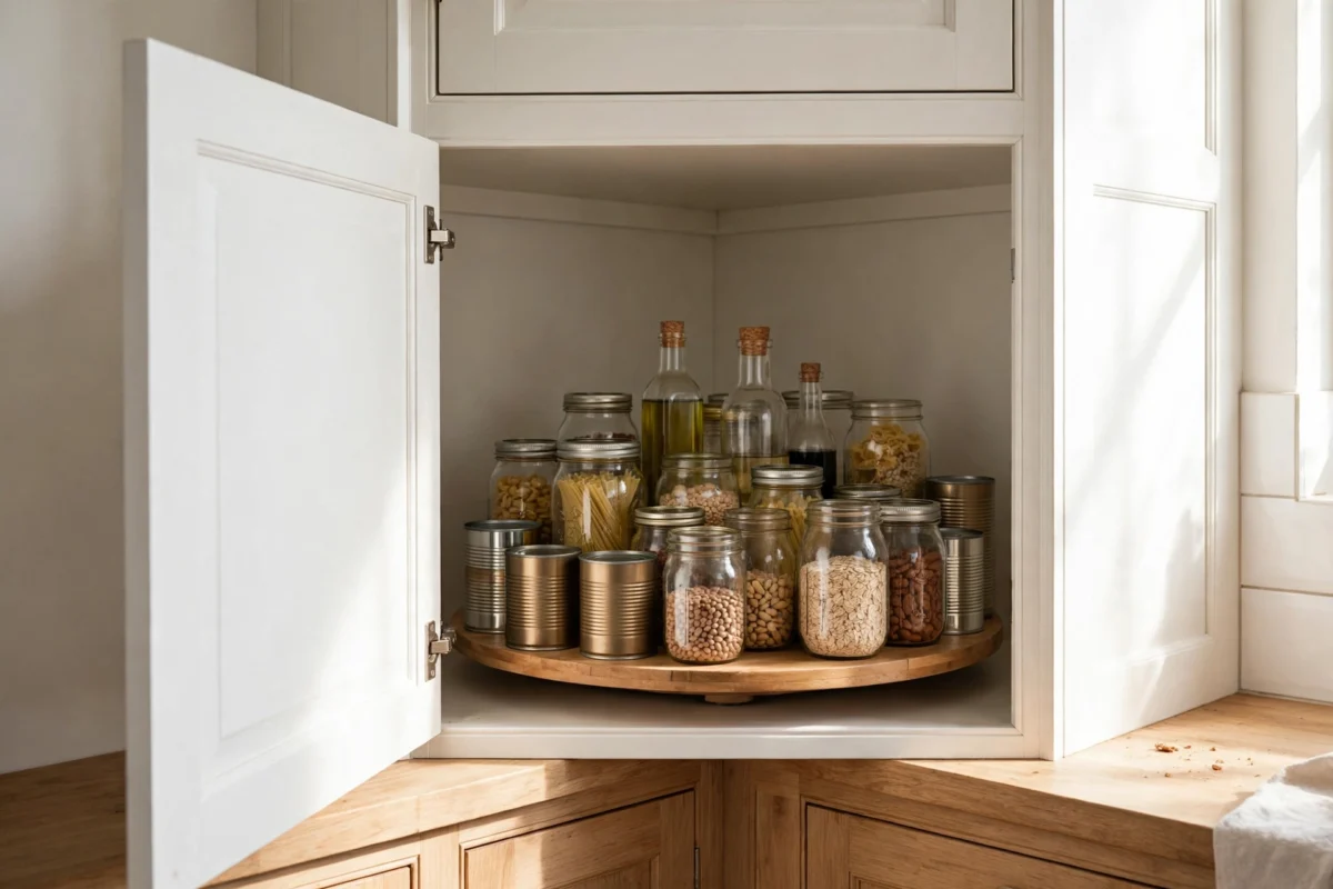 kitchen cabinet organization ideas – a lazy susan turntable in a deep corner cabinet