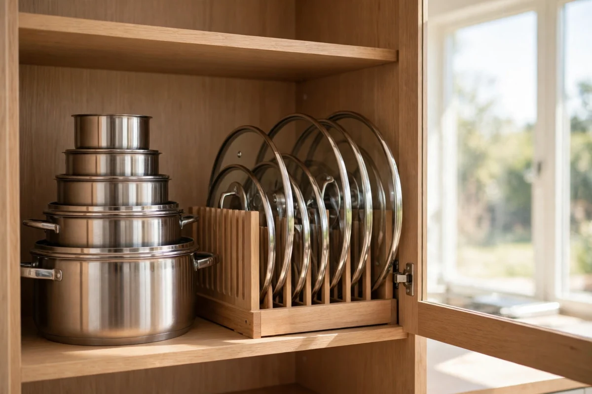 kitchen cabinet organization ideas – pots with their lids filed separately in a rack
