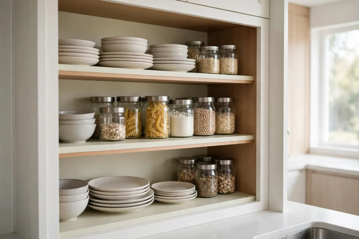 kitchen cabinet organization ideas – lined cabinet shelves with dishes and jars that slide and wipe clean