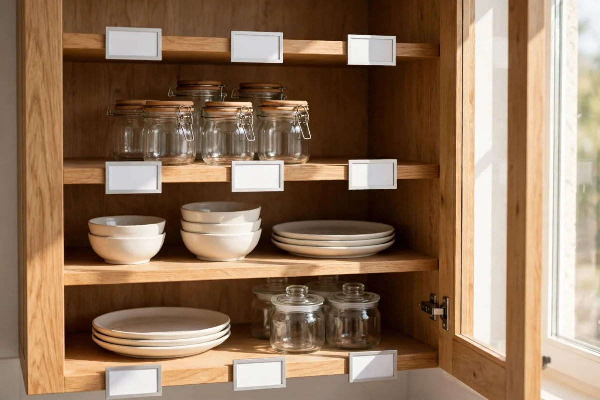 kitchen cabinet organization ideas – labeled shelf edges in a cabinet so everything goes back in place