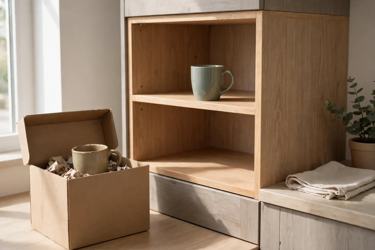 kitchen cabinet organization ideas – the one-in-one-out rule with a mug kept in the cabinet and a mug in a box going out
