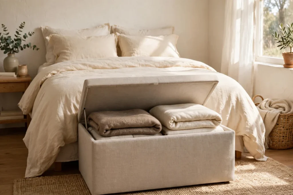 small bedroom storage ideas – a storage ottoman bench at the foot of the bed holding blankets