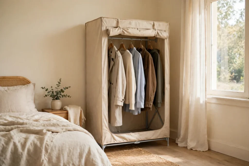 small bedroom storage ideas – a portable wardrobe with a fabric cover full of hanging clothes