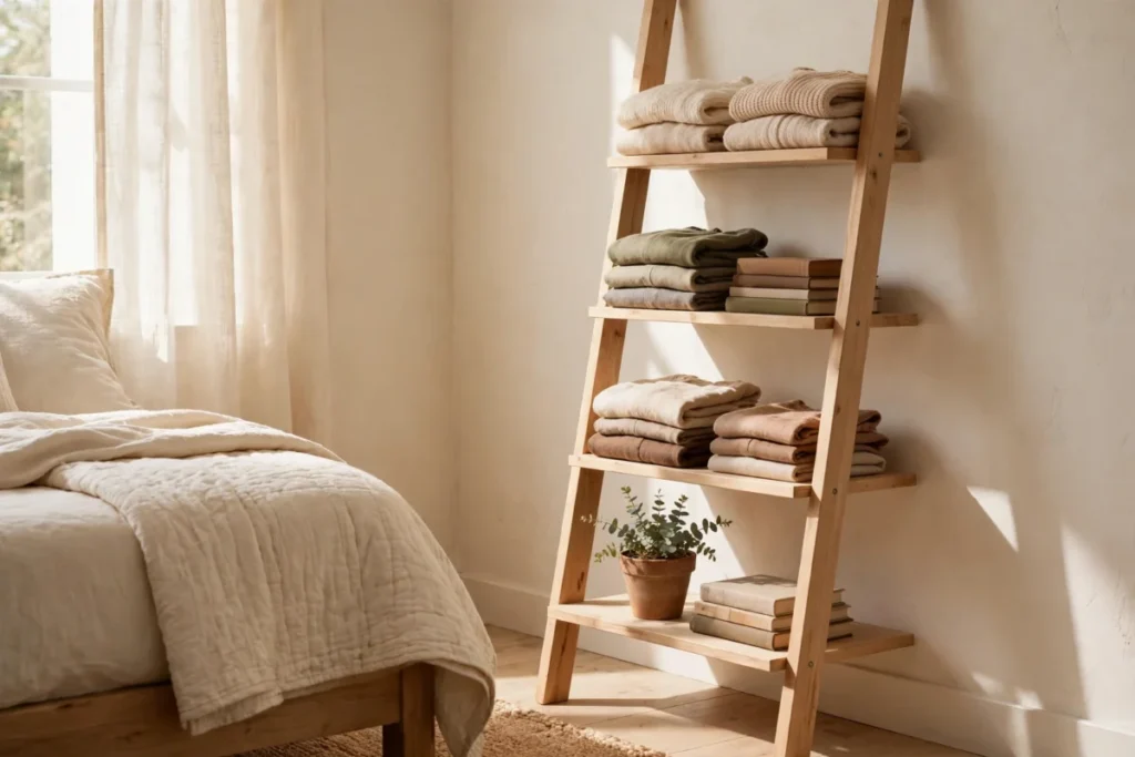 small bedroom storage ideas – a ladder shelf leaning against the wall holding folded clothes
