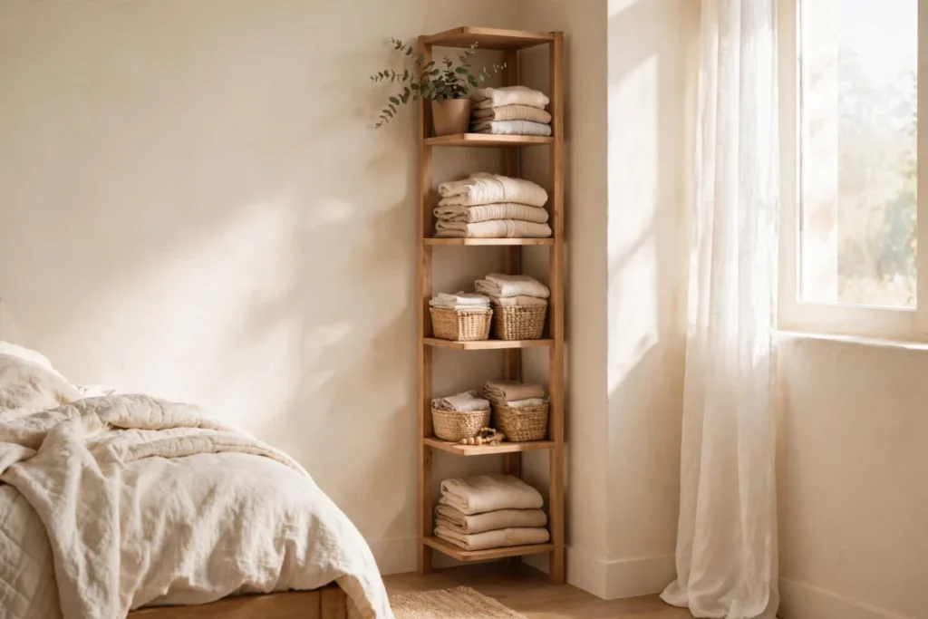 small bedroom storage ideas – a corner shelf tower for shoes, bags and folded clothes