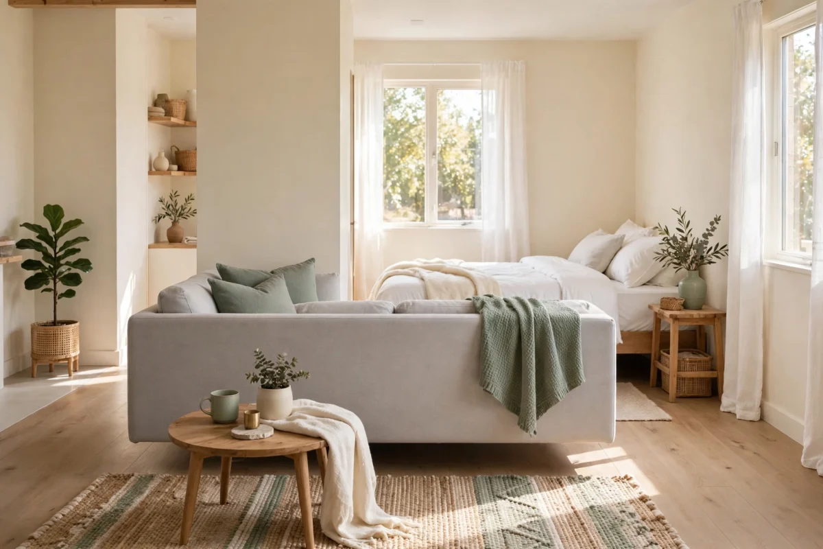 how to divide a studio apartment – a sofa back used as the divider wall