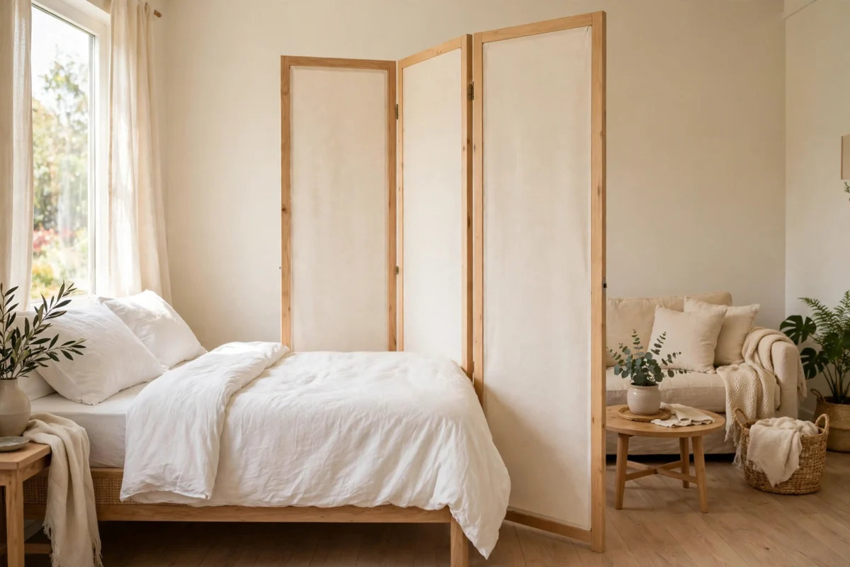 how to divide a studio apartment – a folding screen dividing the bed and living zones