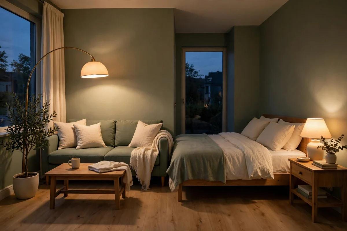 how to divide a studio apartment – each zone lit by its own lamp