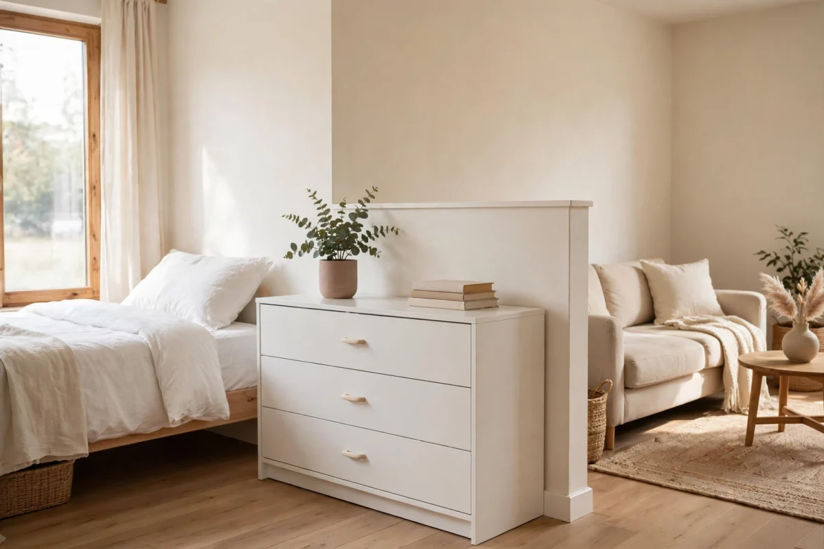 how to divide a studio apartment – a low dresser used as a half-wall