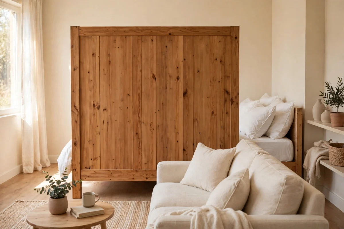 how to divide a studio apartment – the bed headboard turned into the room as a divider