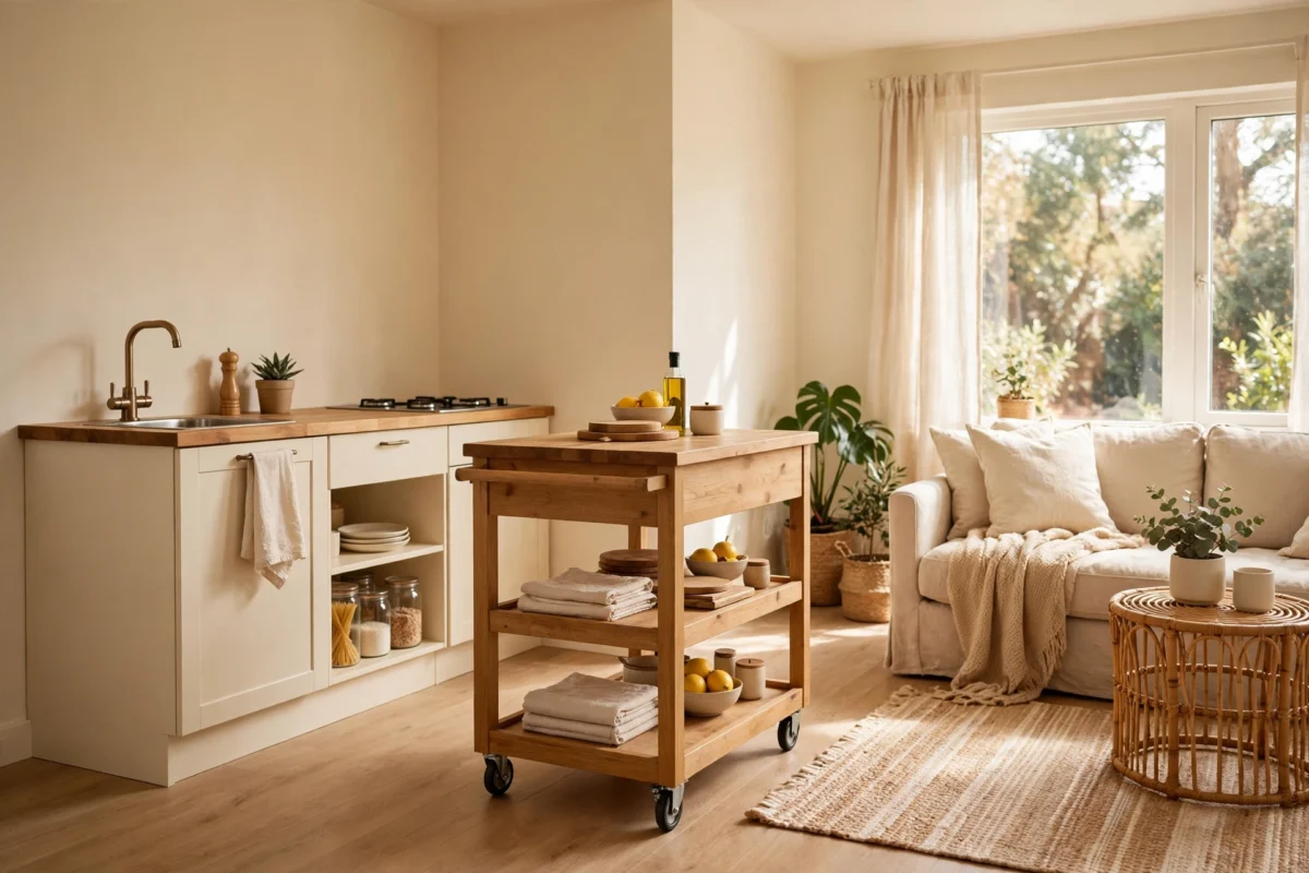 how to divide a studio apartment – a rolling cart island between the kitchen and living zones