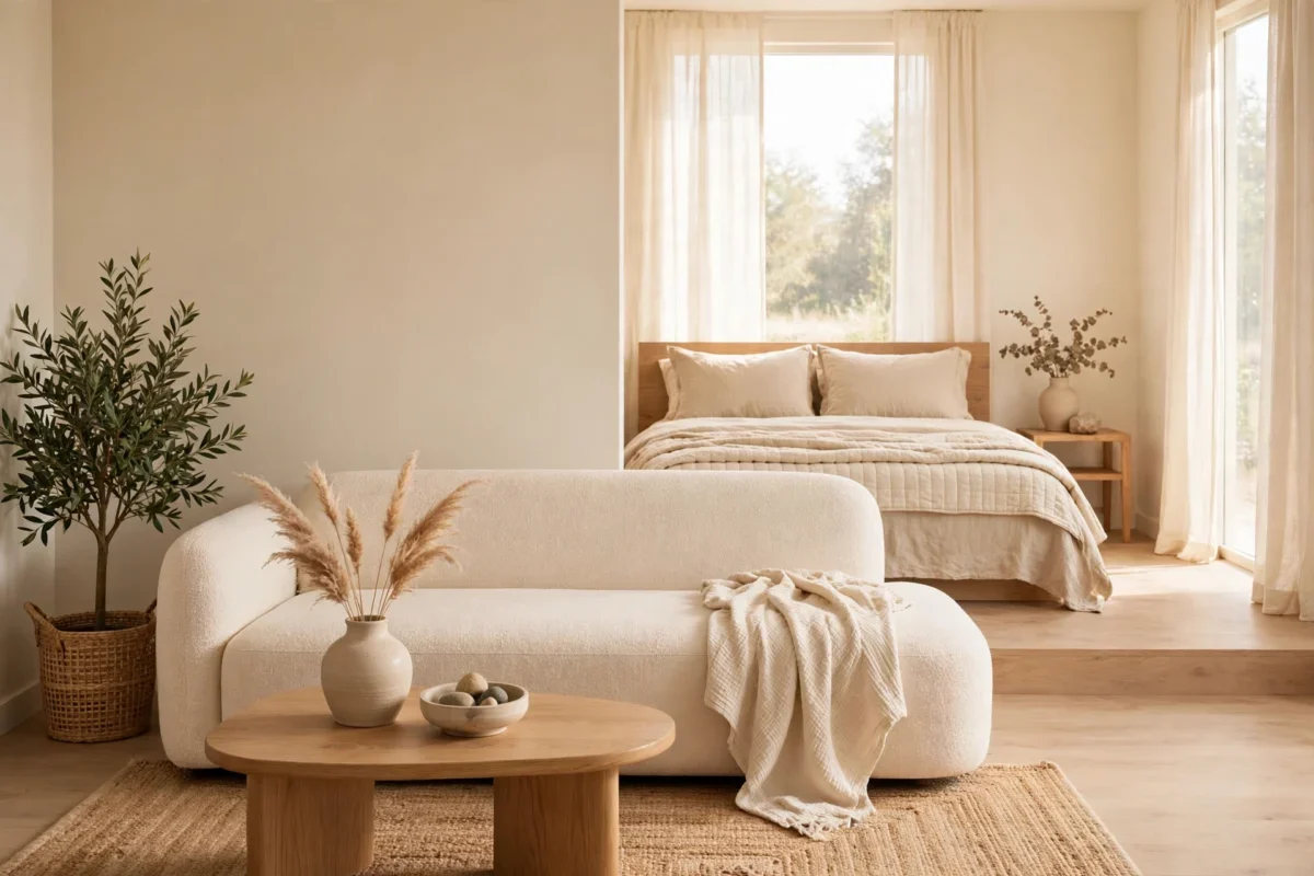 studio apartment layout ideas separate areas – sofa floated in the middle of the room to split the living area from the sleeping area