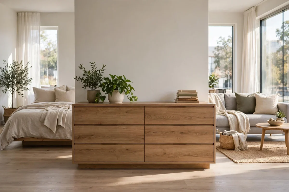 studio apartment layout ideas separate areas – low wooden dresser used as a half-wall between the sleeping and living zones