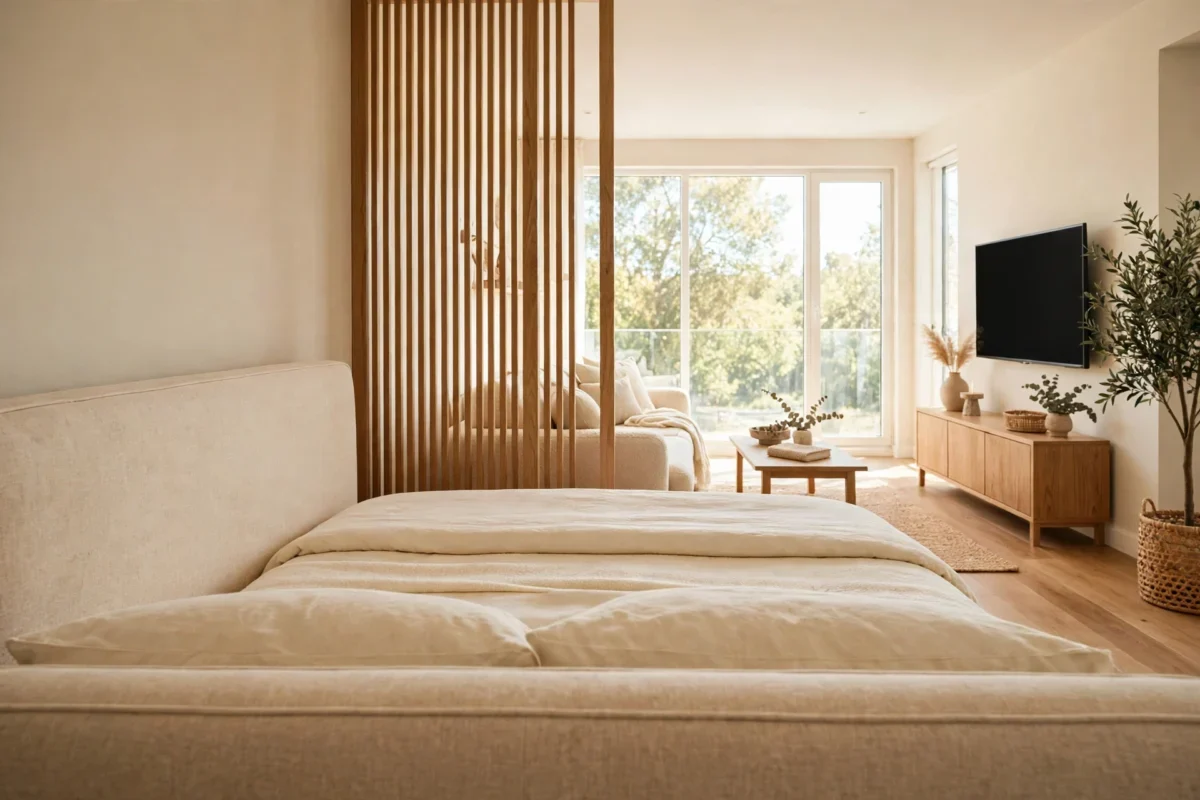 studio apartment layout ideas separate areas – bed turned to face away from the living area in a studio