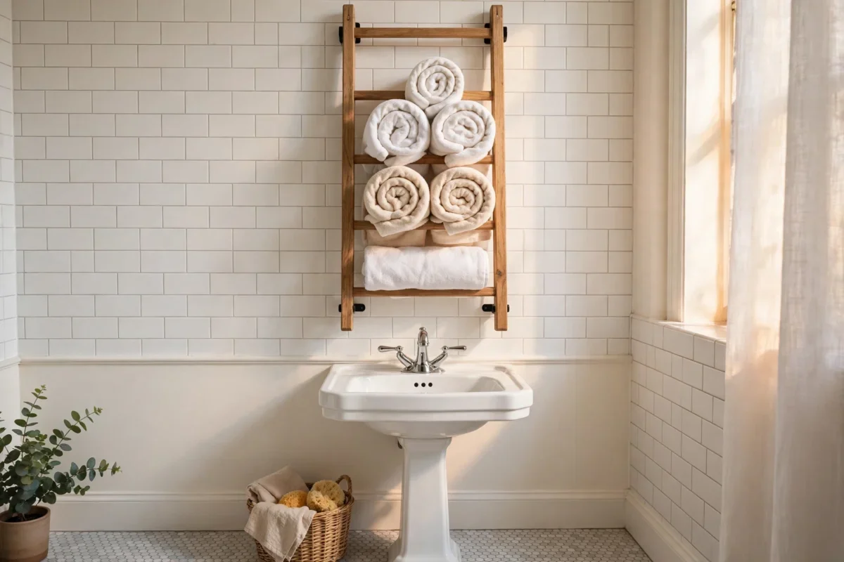 small bathroom storage ideas no counter space – rolled towels on a wall-mounted rack above a pedestal sink