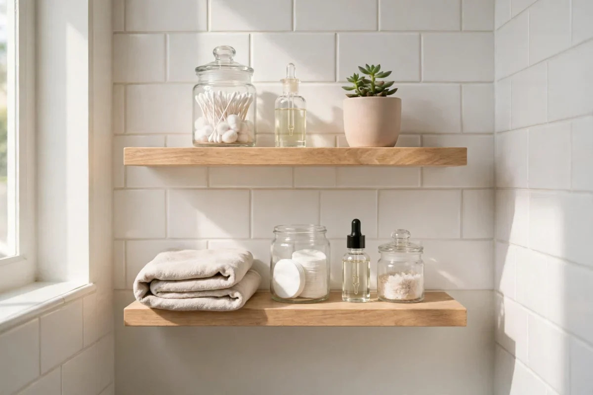 small bathroom storage ideas no counter space – floating shelves holding jars, cotton pads and a folded towel