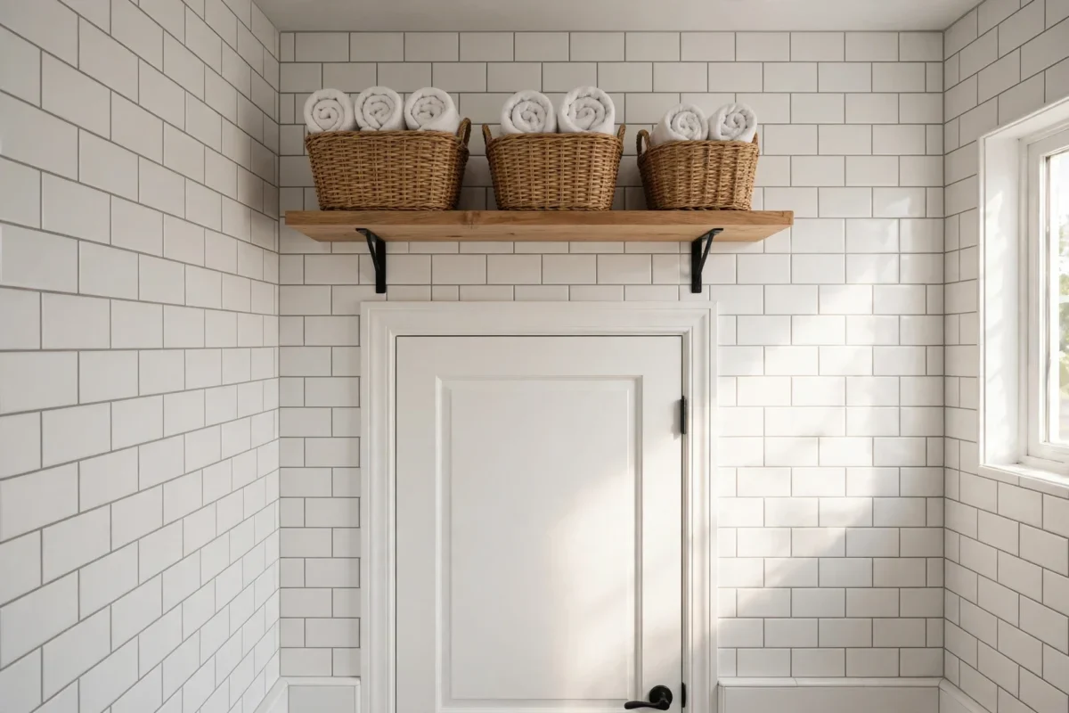 small bathroom storage ideas no counter space – baskets of rolled towels on a high shelf above the bathroom door