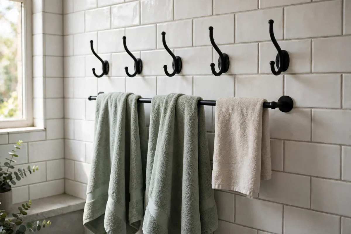 small bathroom storage ideas no counter space – towels hanging on a black rail with wall hooks above