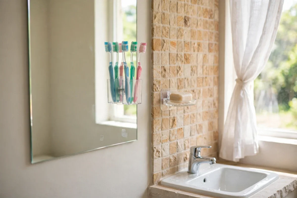 small bathroom storage ideas no counter space – toothbrush holder and soap dish stuck to the mirror and tile