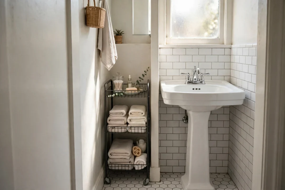 small bathroom storage ideas no counter space – slim rolling cart with folded towels next to a pedestal sink