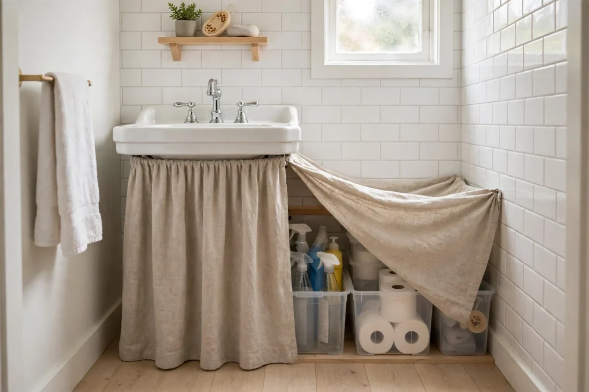 small bathroom storage ideas no counter space – clear bins hidden under a pedestal sink behind a linen sink skirt