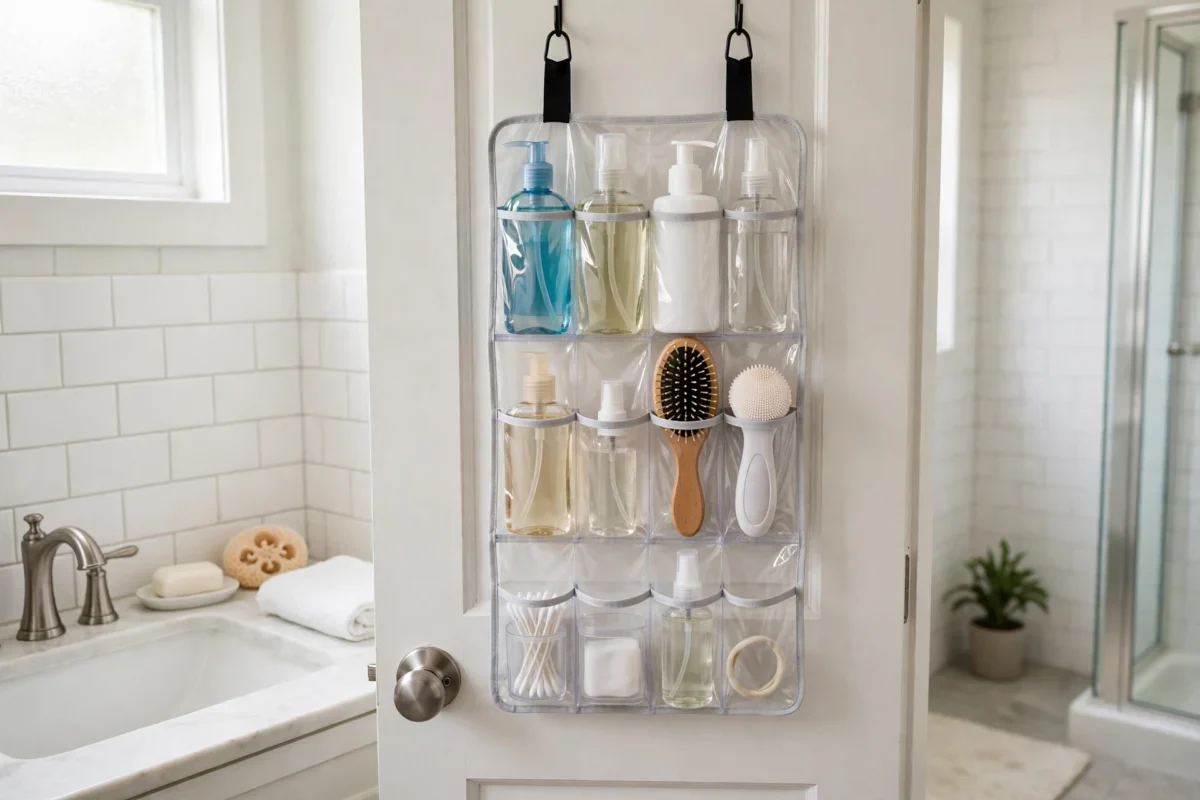 small bathroom storage ideas no counter space – clear over-the-door organizer holding bottles, brushes and cotton swabs