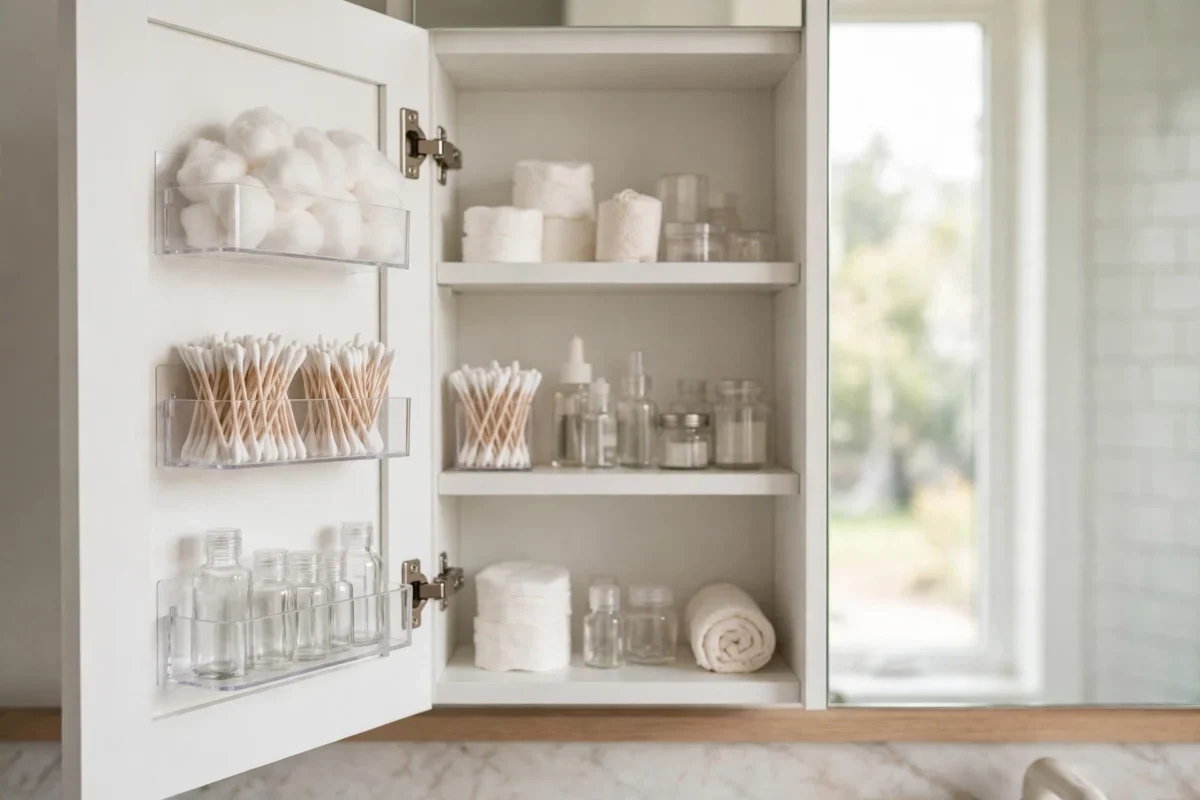 small bathroom storage ideas no counter space – clear bins on the inside of a medicine cabinet door