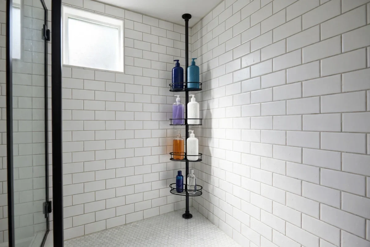 small bathroom storage ideas no counter space – tension pole caddy with bottles in the shower corner