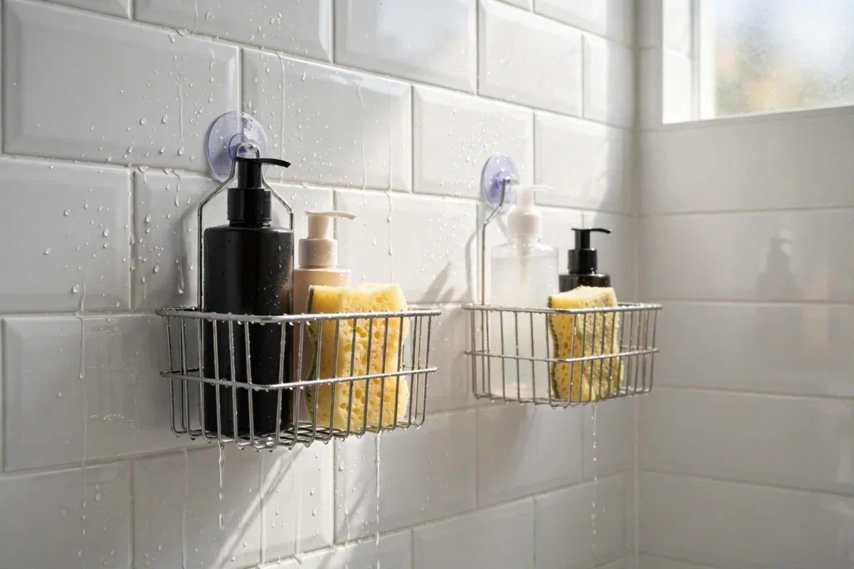 small bathroom storage ideas no counter space – two suction baskets with bottles and sponges on shower tile