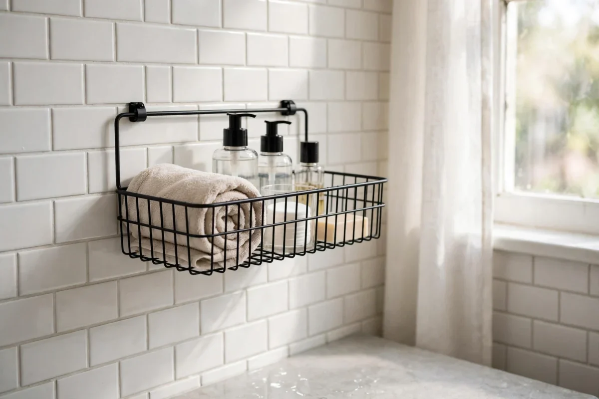 small bathroom storage ideas no counter space – black wire caddy on the wall holding bottles and a rolled towel