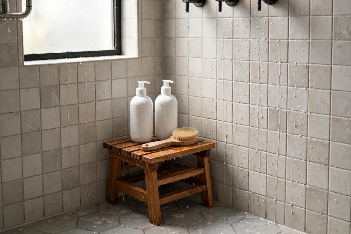small bathroom storage ideas no counter space – small wooden stool with bottles and a brush in the shower corner