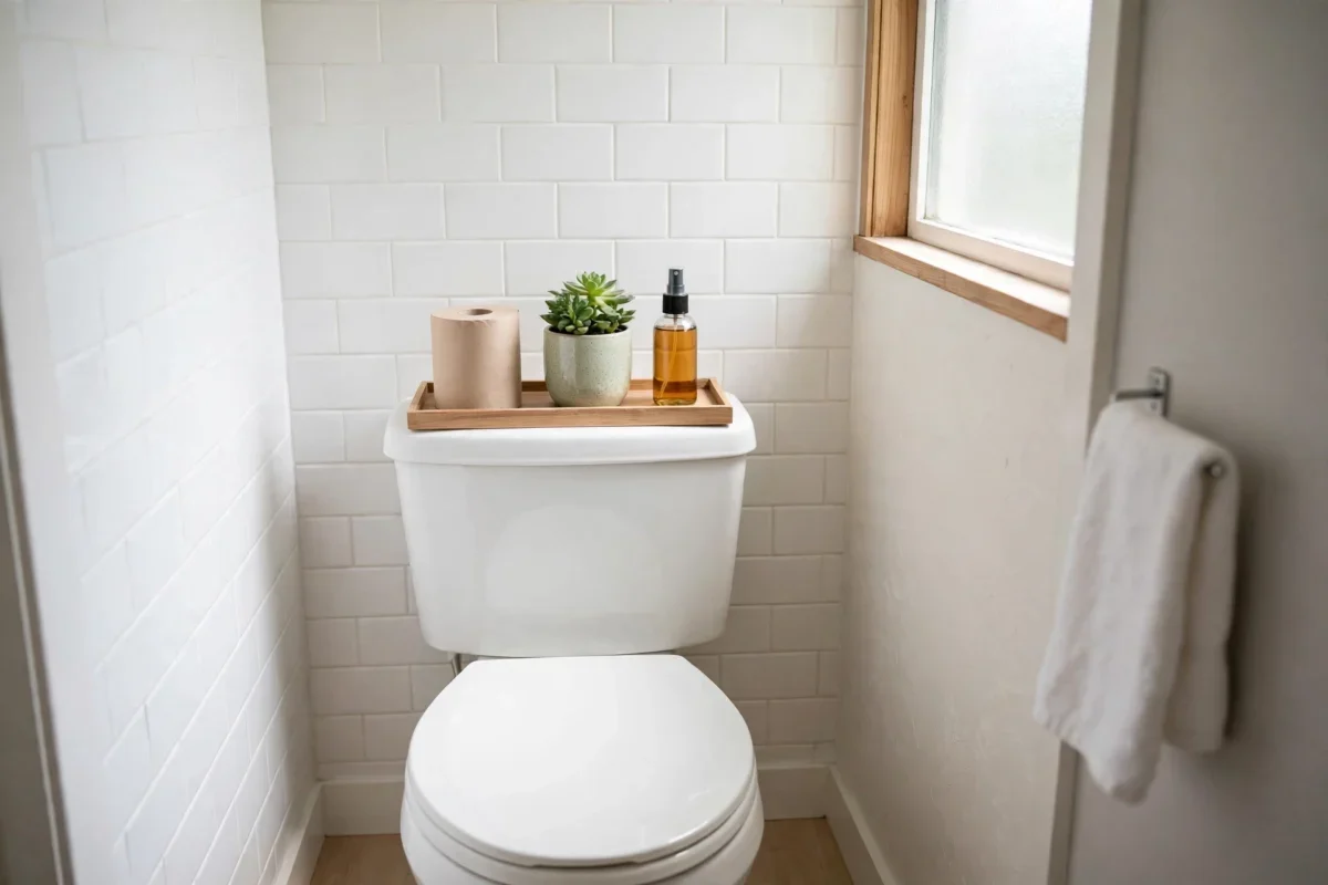 small bathroom storage ideas no counter space – slim wooden tray with a spare roll and a plant on the toilet tank