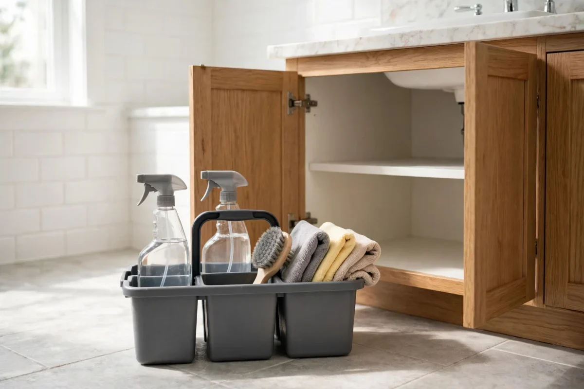 small bathroom storage ideas no counter space – cleaning supplies in a gray carry caddy by the sink cabinet