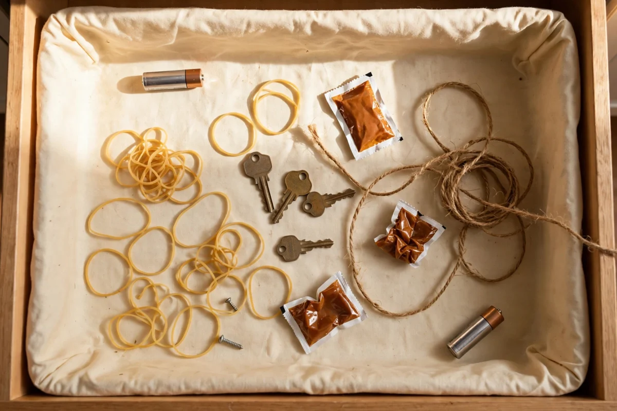 things to declutter small home fast – an open junk drawer full of mystery items