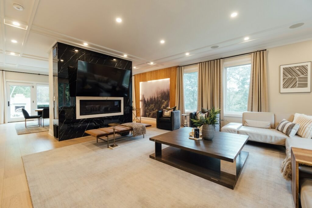 Area rug anchoring the living zone in a studio apartment layout, separating it from the other zones