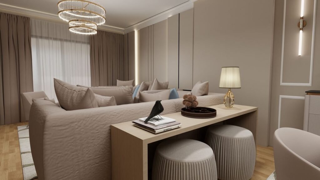 Console table behind the sofa in a studio apartment layout, adding a work surface and dividing the zones